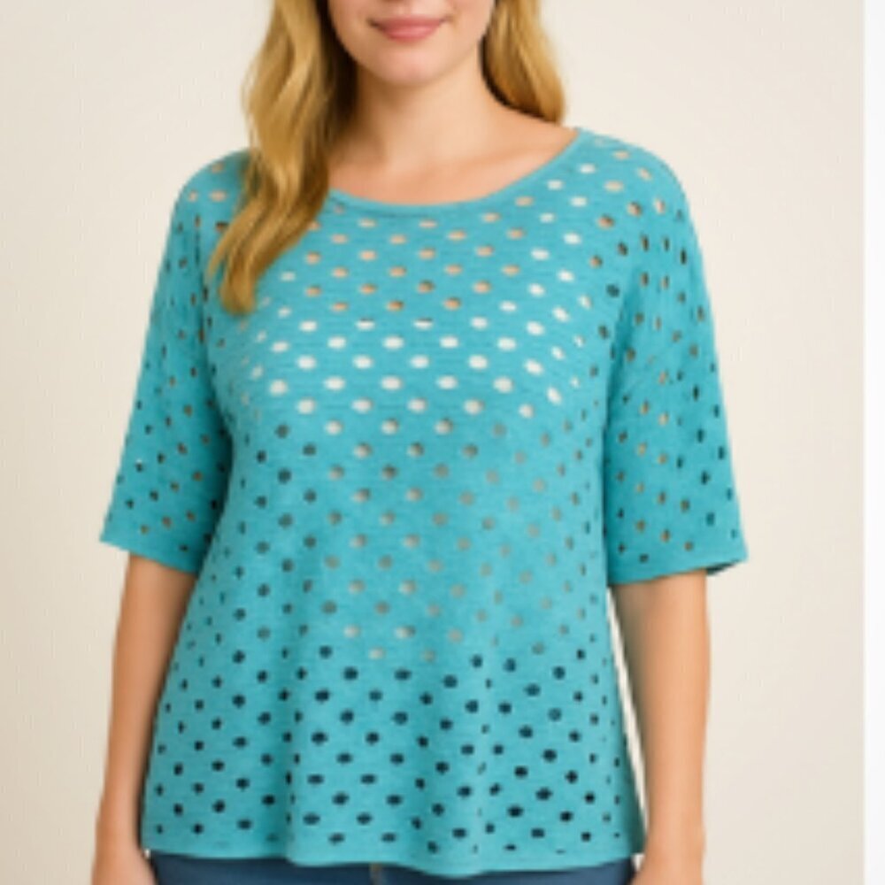 Clara Sun Woo Top Size Medium Blue Coastal Half Sleeve Resort Boho Artsy Beachy
